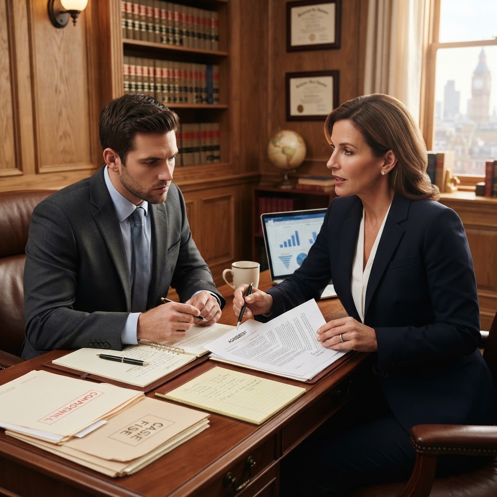Attorney meeting with client in a law office