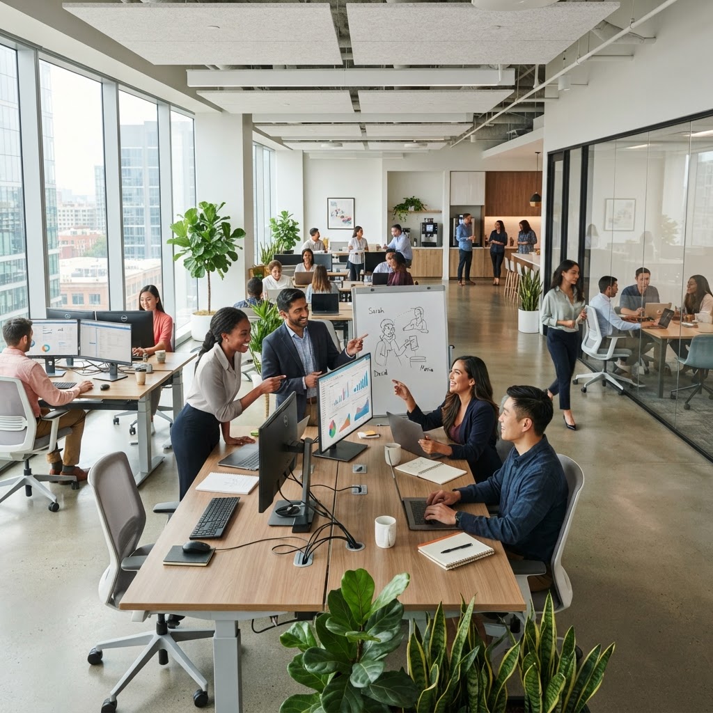 Office environment with employees collaborating