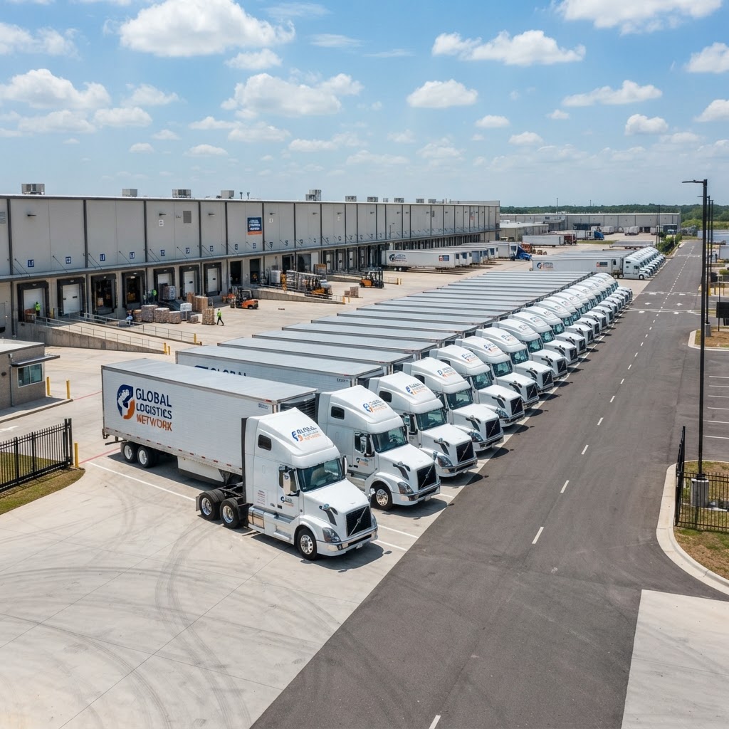 Fleet of commercial trucks at a logistics depot