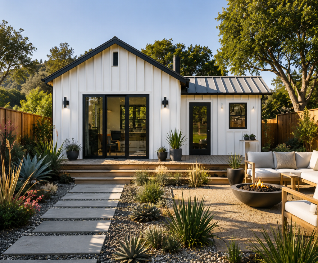 Modern white ADU with wood deck and fire pit
