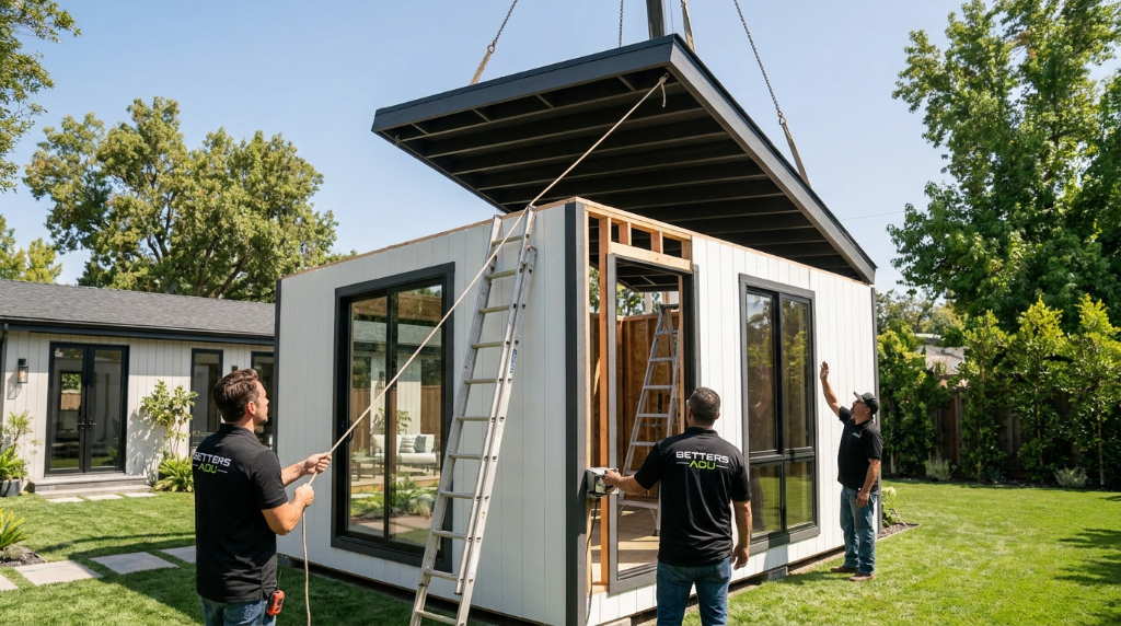 Betters ADU crew installing a modular ADU roof in a backyard