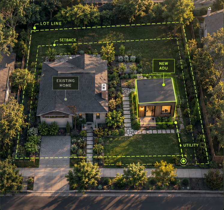 Aerial site plan with lime-green blueprint overlay showing lot lines, setbacks, existing home, new ADU footprint, and utility connection