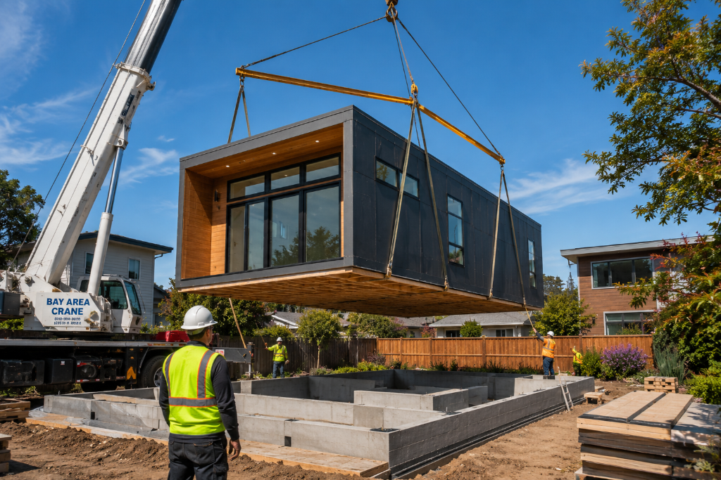 Modular ADU unit being craned onto foundation