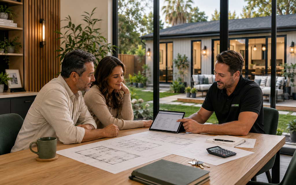 Homeowners reviewing ADU financing options and building plans with a Betters ADU advisor.