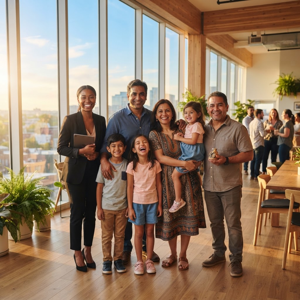Diverse families and professionals together in a bright community space