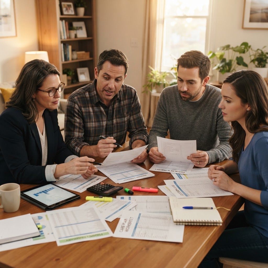 Family reviewing care costs together