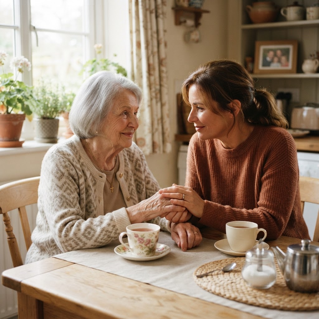 Adult daughter helping her elderly mother drink tea at home