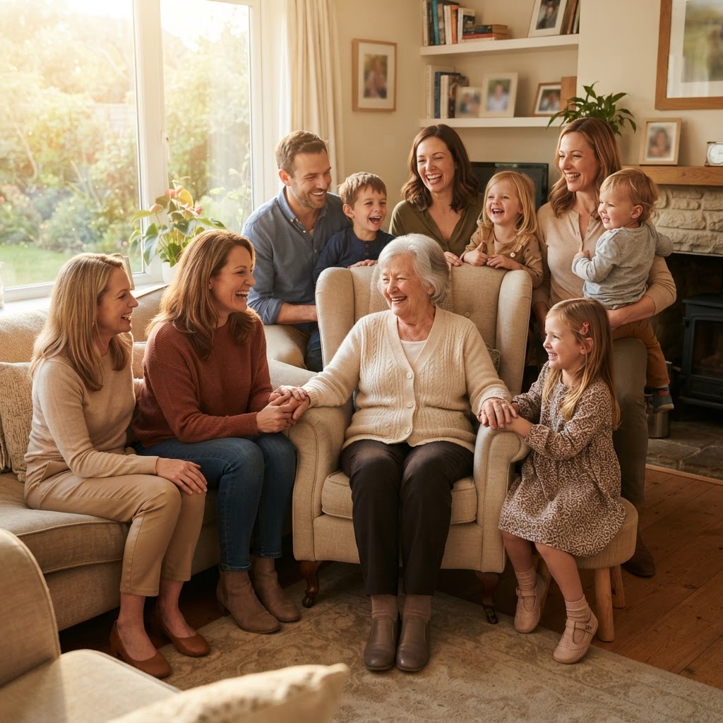 Warm family scene with adult children sitting beside aging parents at home
