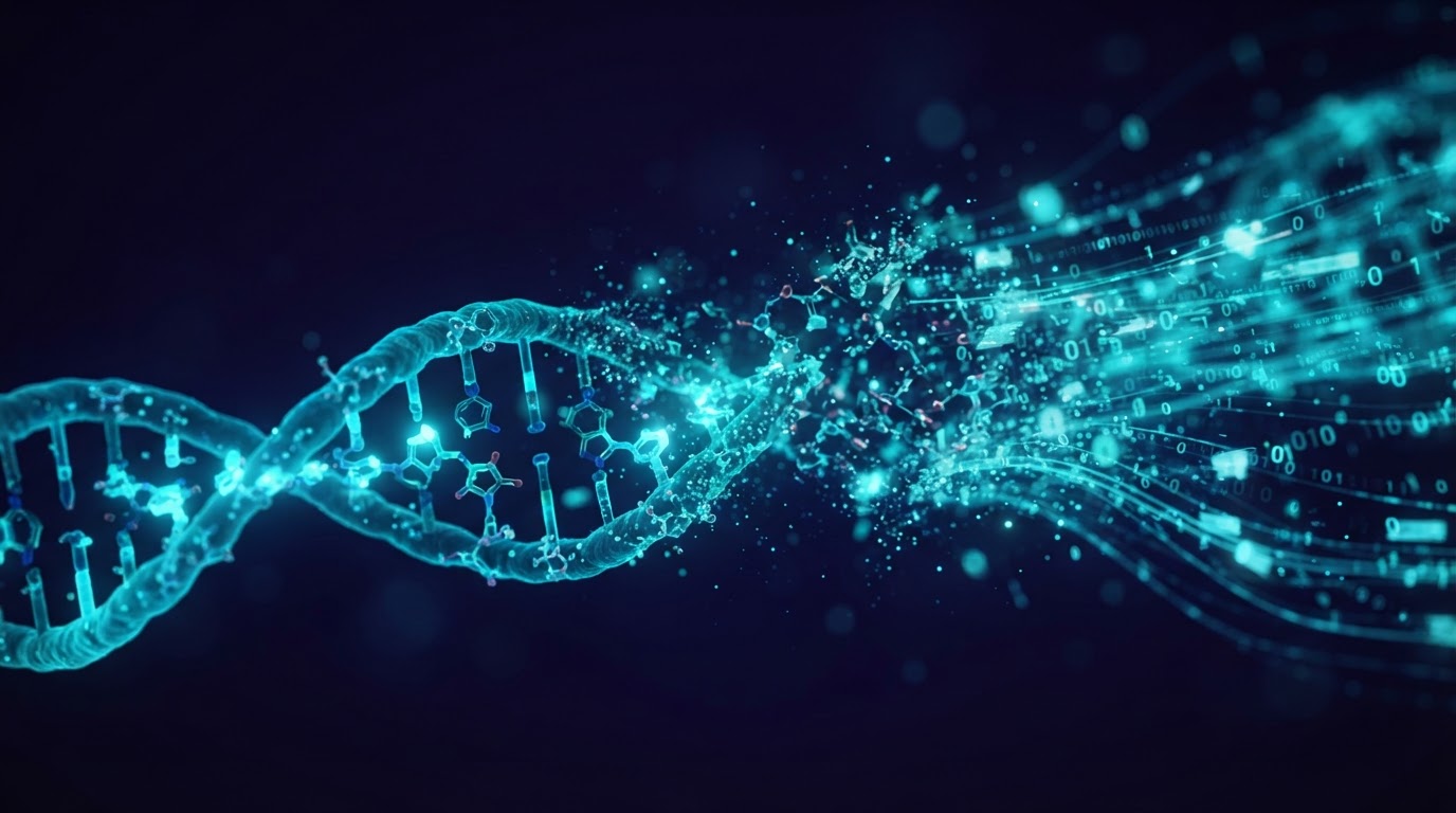 DNA double helix strands transitioning into glowing digital data streams