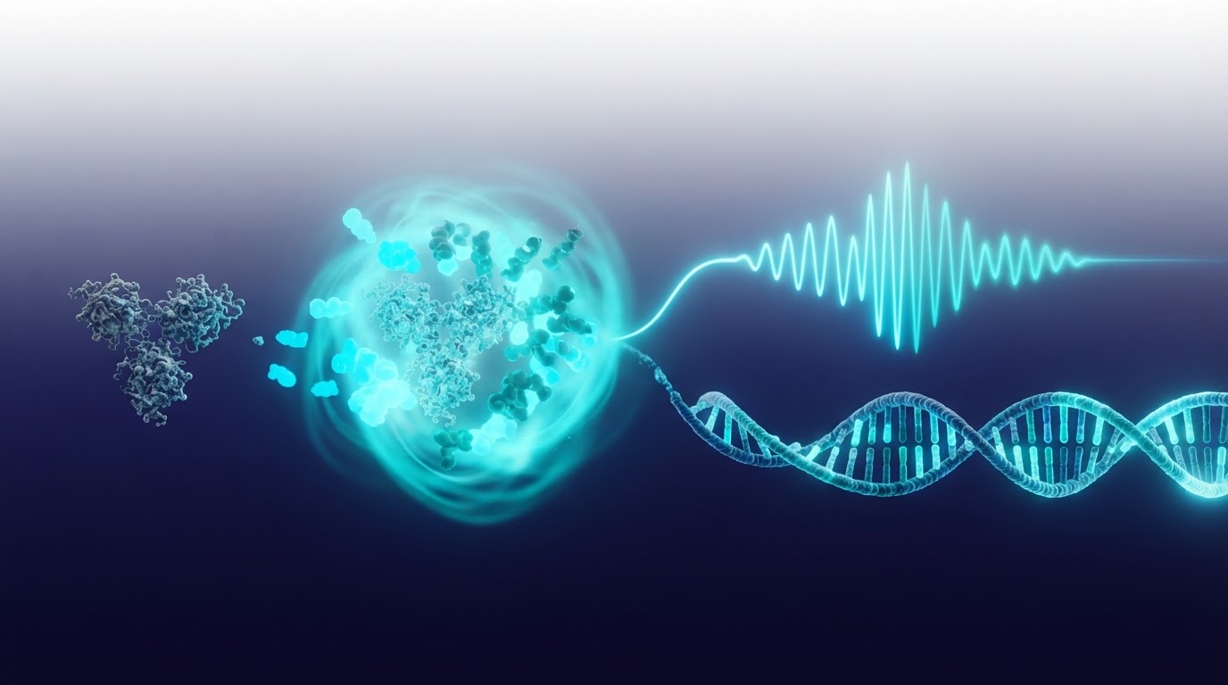 ALFA molecular detection workflow showing target molecule transformation into fluorescence and DNA barcode outputs