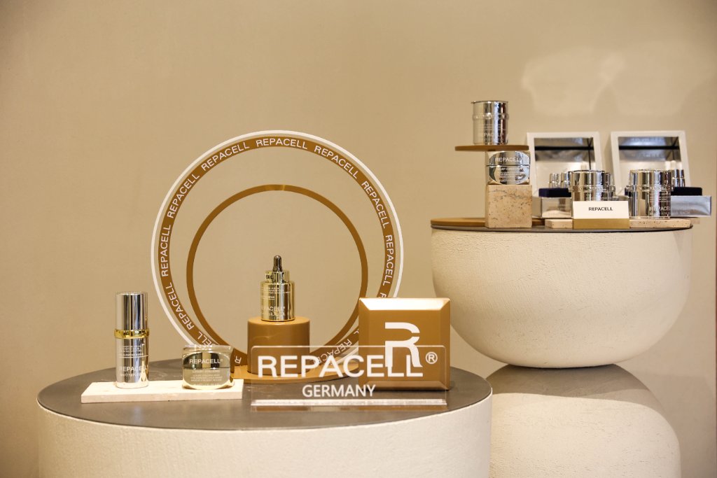 Repacell skincare presented on sculpted plinths