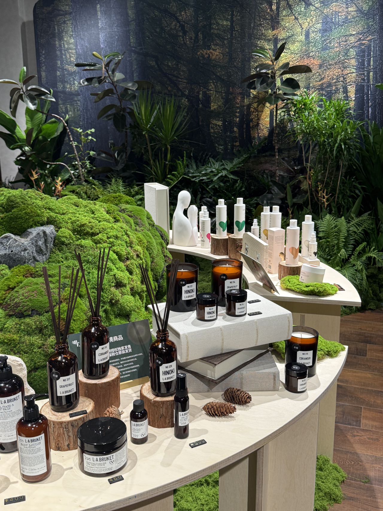 L:A Bruket candles and diffusers on birch plinths against a forest backdrop