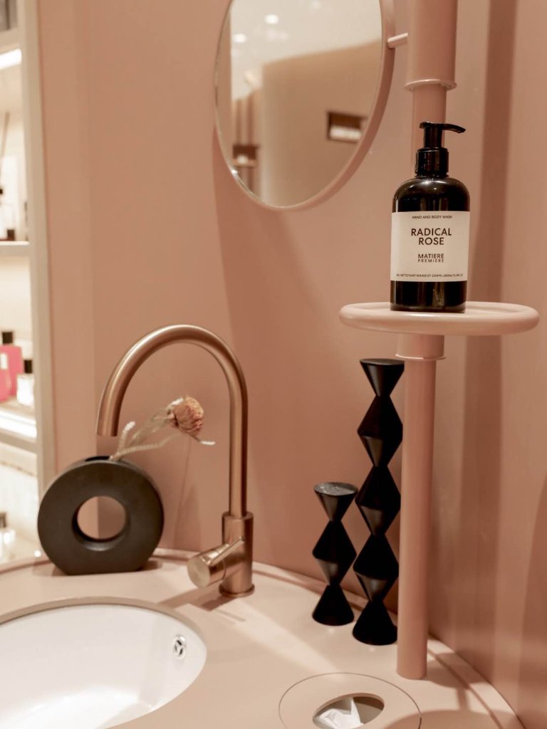The blush washroom with a Matiere Premiere hand wash