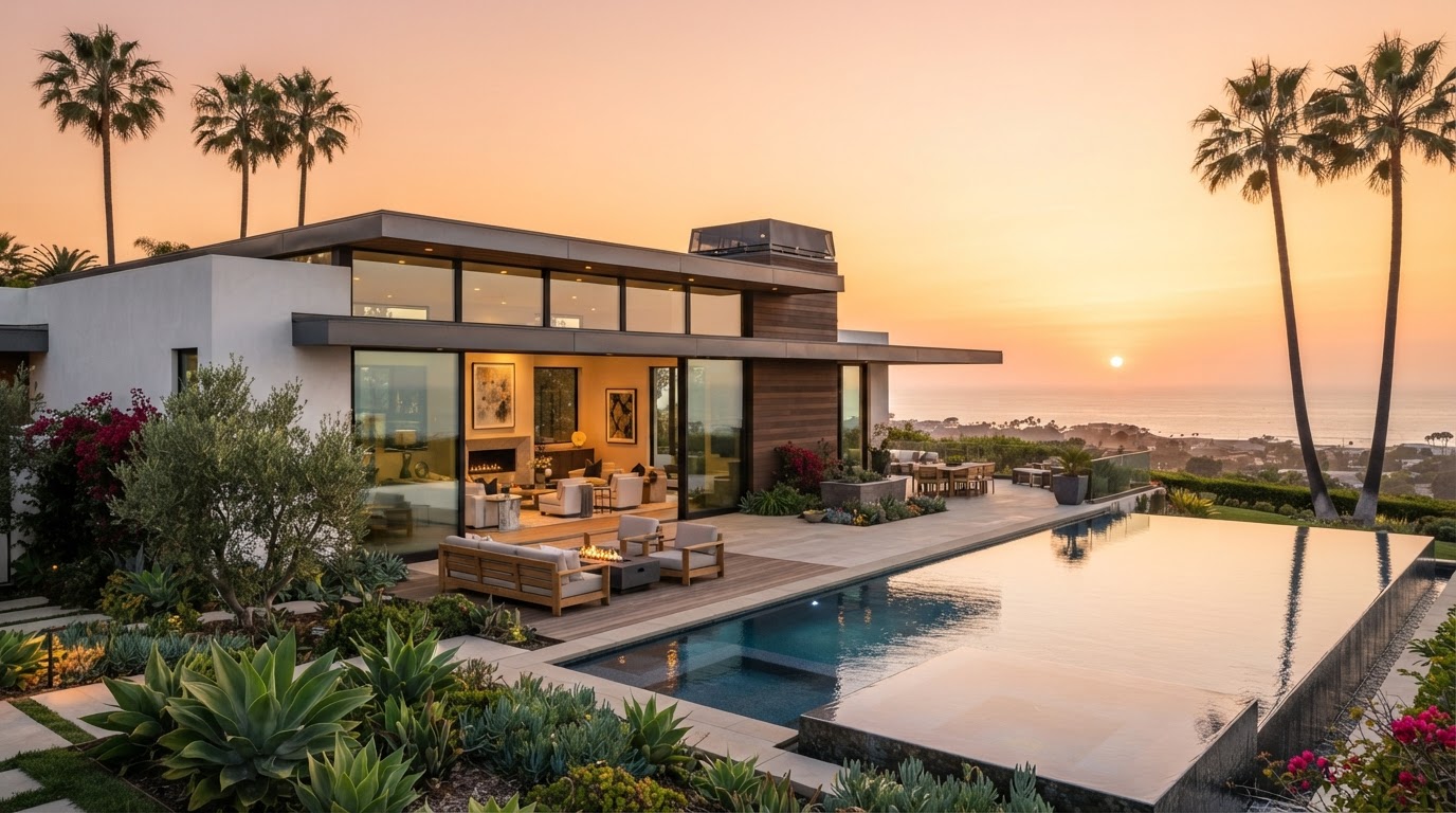 Modern Southern California luxury home at golden hour