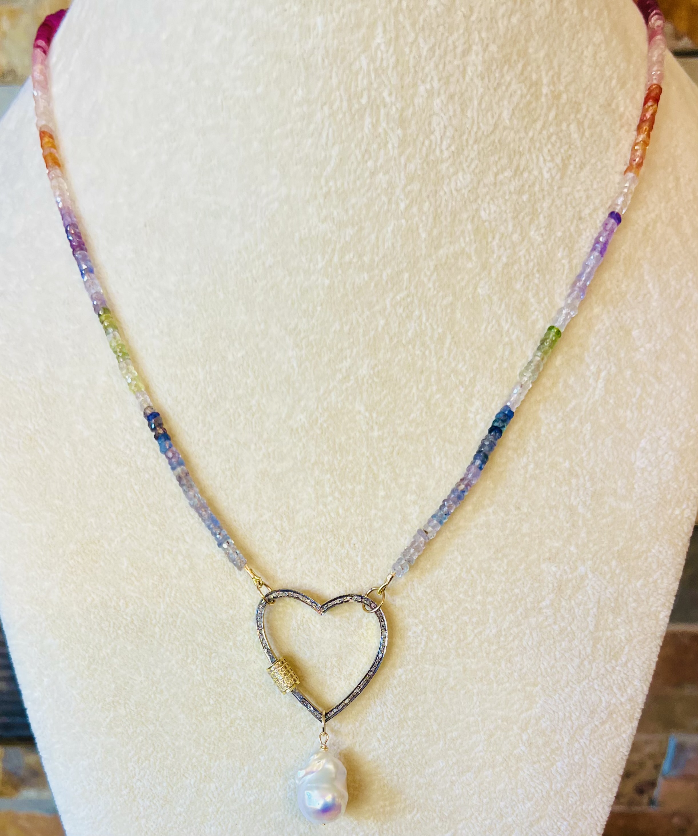 Multicolor gemstone necklace with heart centerpiece and pearl drop by Jewelry by Candy.