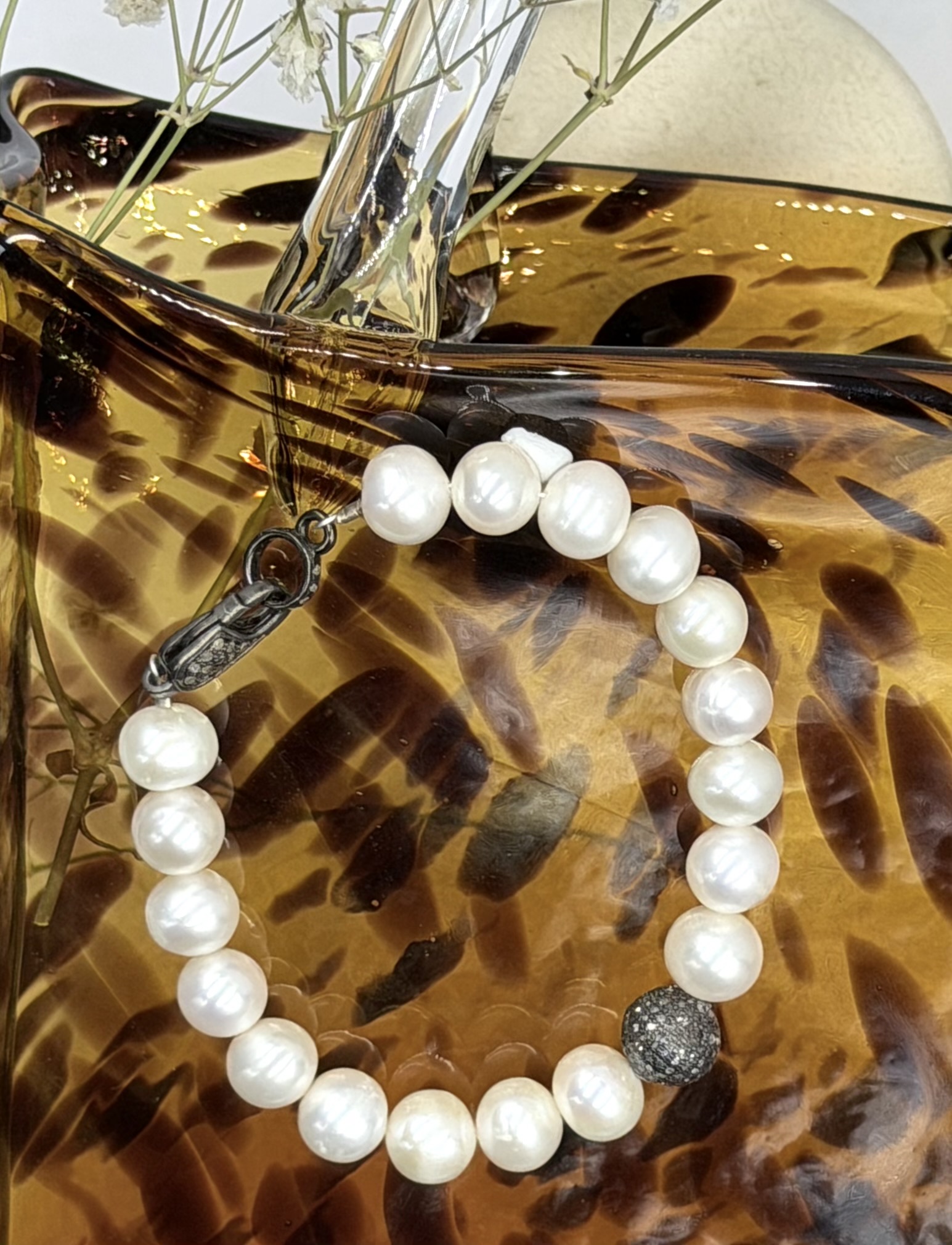 Classic white pearl bracelet with sparkling accent by Jewelry by Candy.