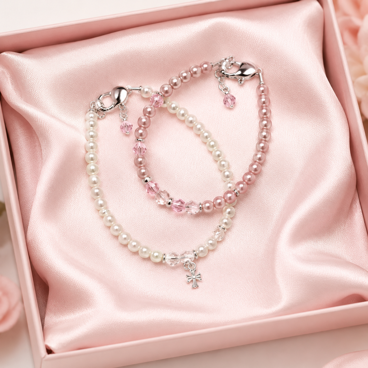 Two charm bracelets arranged in a heart shape on pale blush pink satin