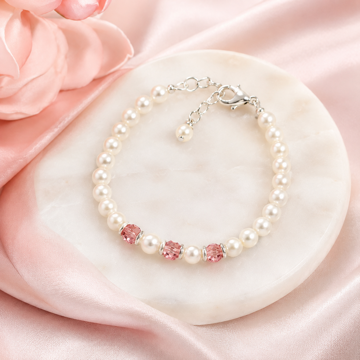 Children's pearl bracelet with pink crystal spacers on a white marble coaster over pink satin