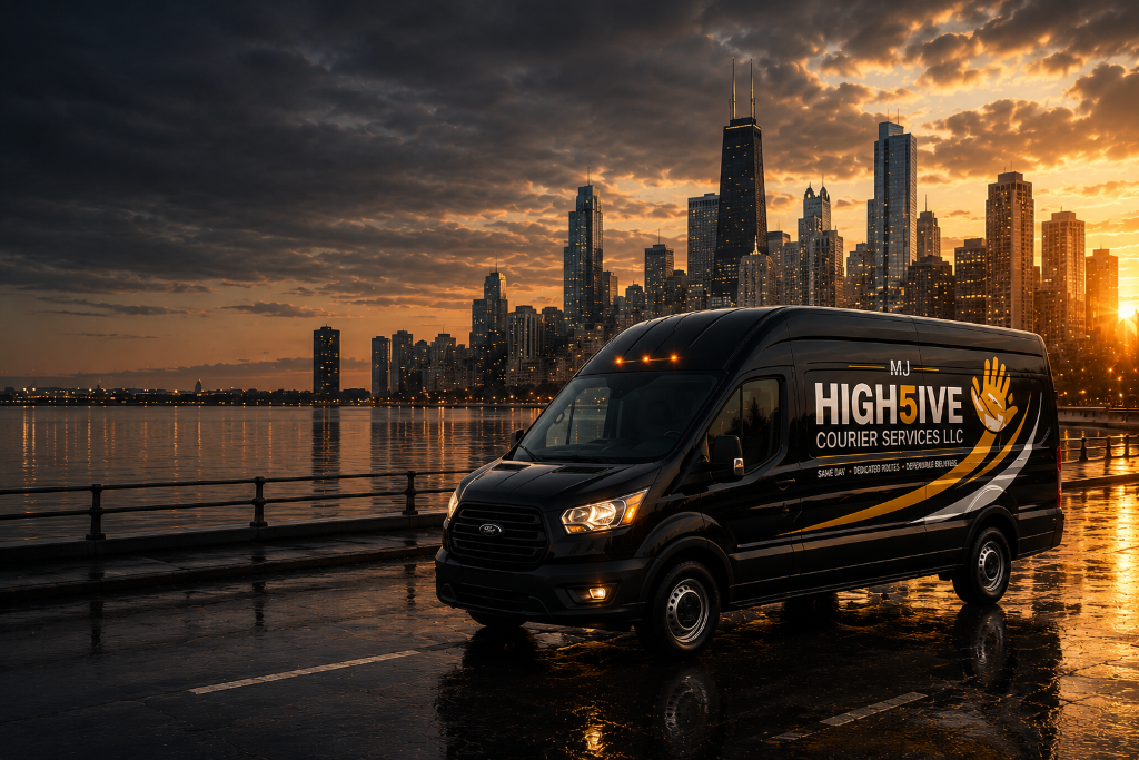HIGH5IVE branded cargo van with city skyline at sunset