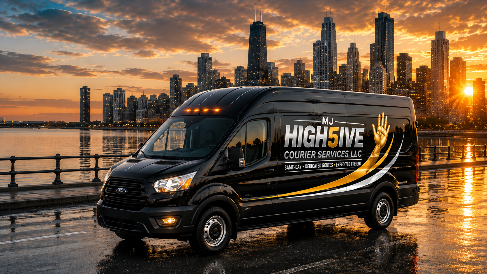 MJ HIGH5IVE branded cargo van on a waterfront road with city skyline at sunset