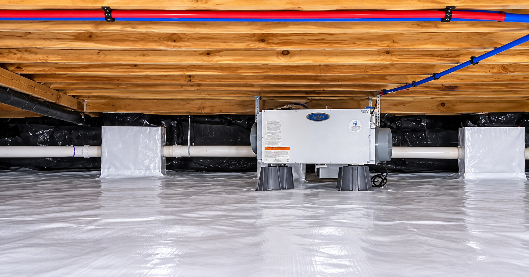 Encapsulation in Murfreesboro, TN — Aprilaire dehumidifier on a white vapor barrier with sealed black wall liner and PEX plumbing by The Crawl Shield