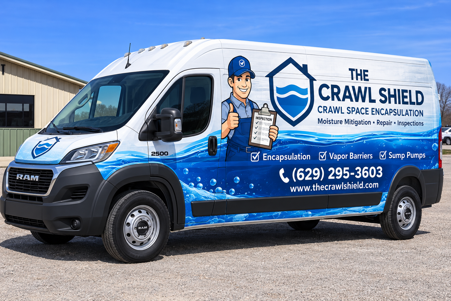 The Crawl Shield service van parked in Murfreesboro, TN, providing crawl space encapsulation and moisture mitigation services