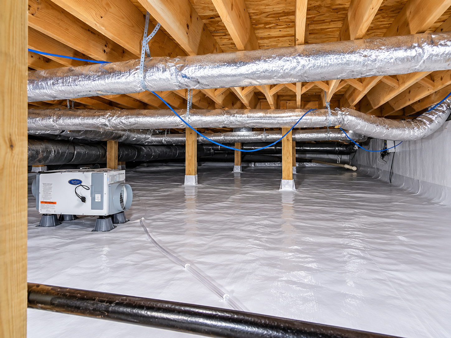 Crawl space encapsulation in Murfreesboro, TN — white vapor barrier floor liner with an Aprilaire dehumidifier and foil-wrapped HVAC ducts installed by The Crawl Shield
