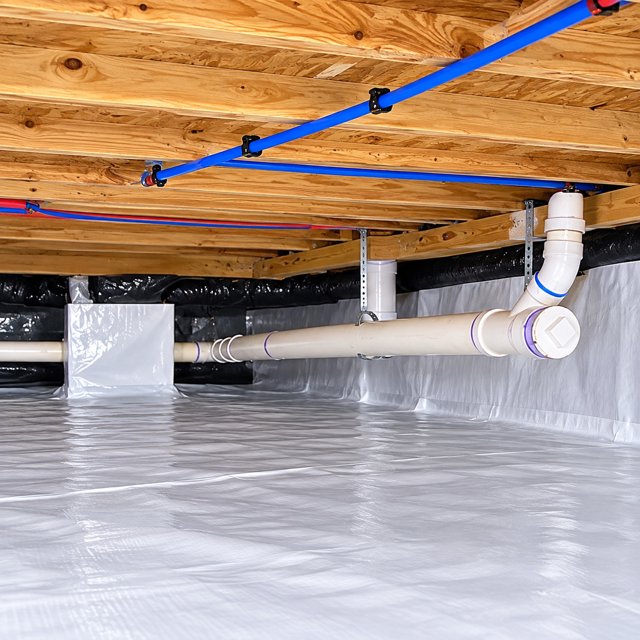 Encapsulated crawl space in Murfreesboro, TN — white vapor barrier across the floor and wall with PVC plumbing and PEX lines by The Crawl Shield
