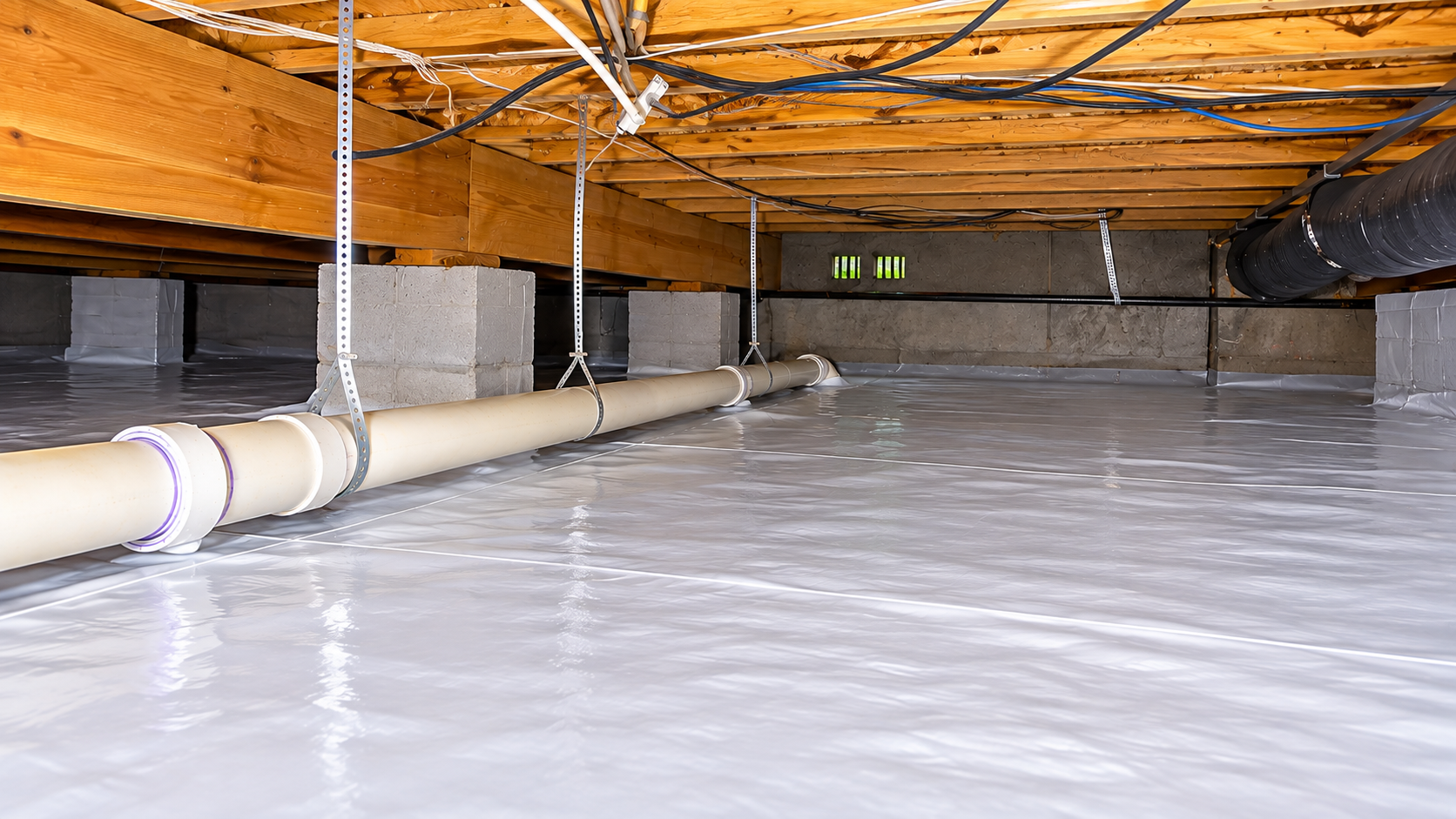 Real estate crawl space inspection in Murfreesboro, TN — clean encapsulated crawl space with a reinforced white vapor barrier inspected before a home sale by The Crawl Shield