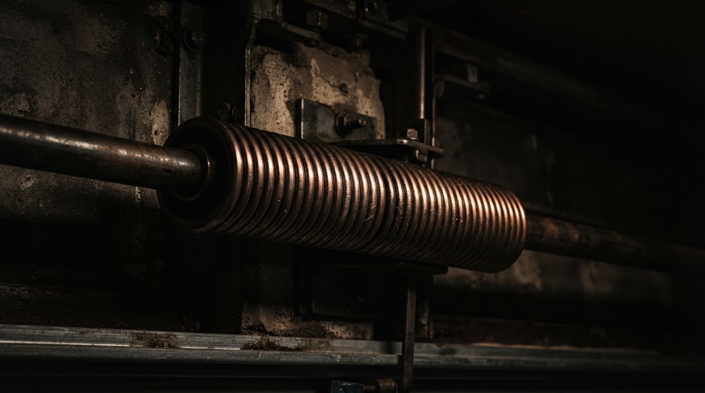 High-tension steel garage spring macro detail