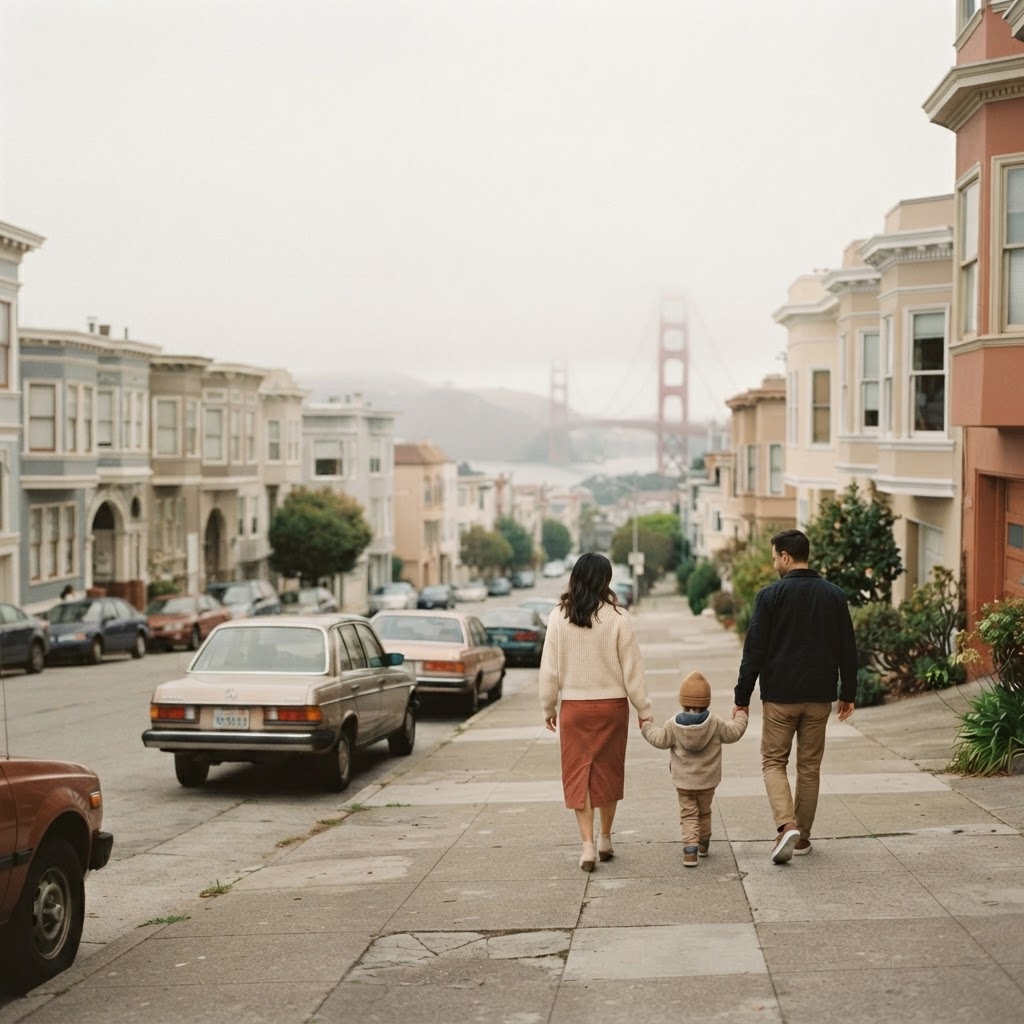 A family walking down a quiet San Francisco street toward the Golden Gate Bridge