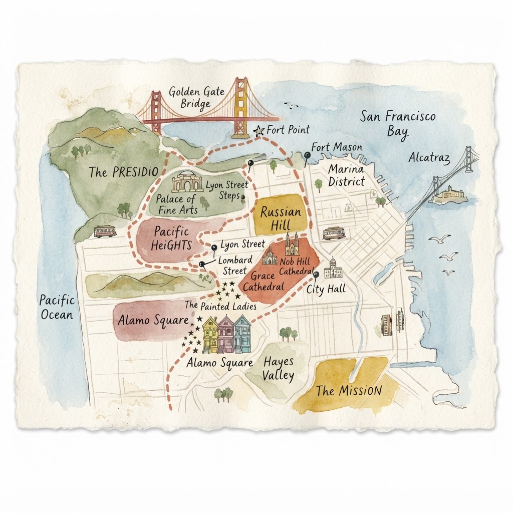 Hand-painted watercolor walking map of San Francisco film locations