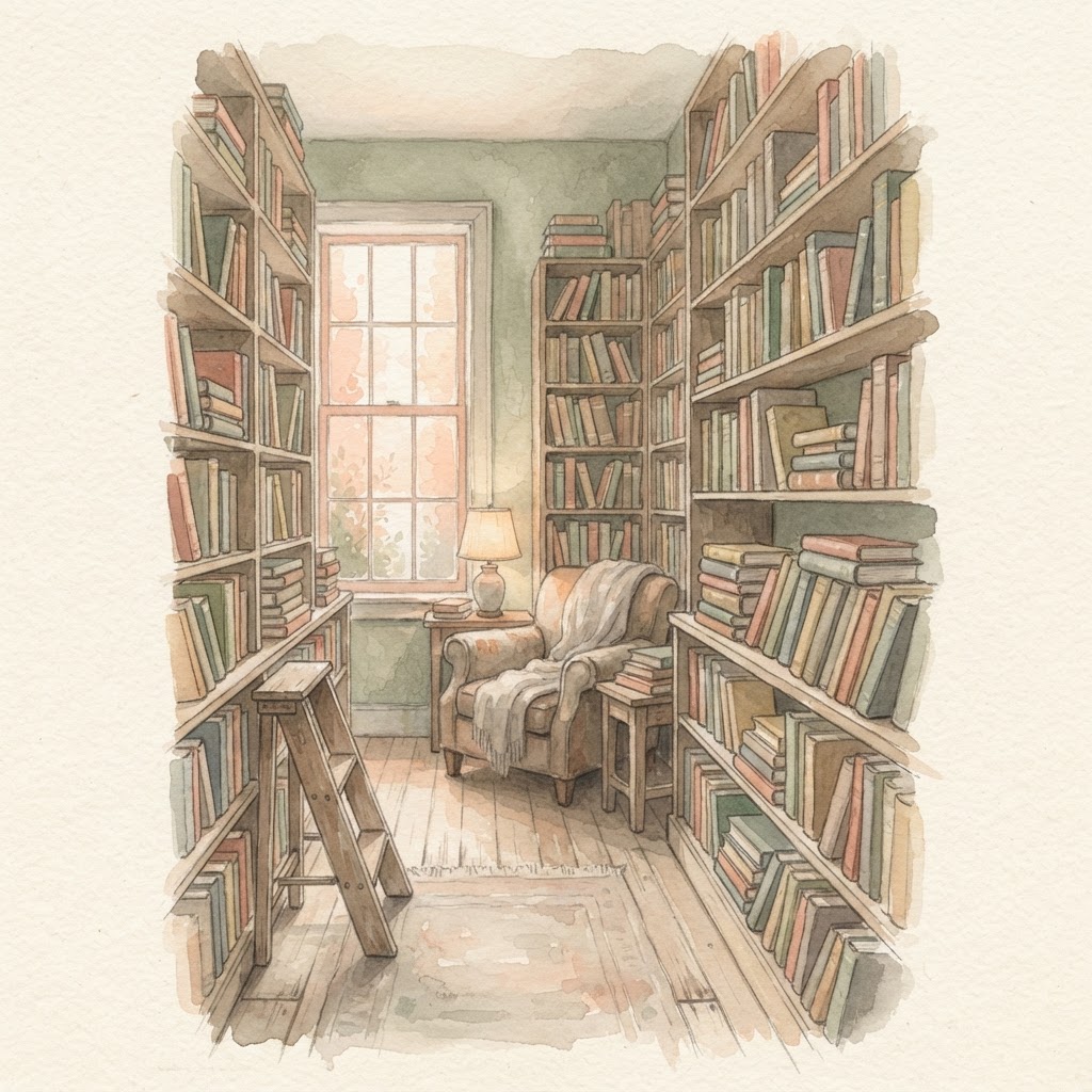 A hand-painted watercolor of an old independent bookstore — tall wooden shelves crowded with stacked and leaning books, a small ladder, and a worn reading nook lit by soft afternoon light.