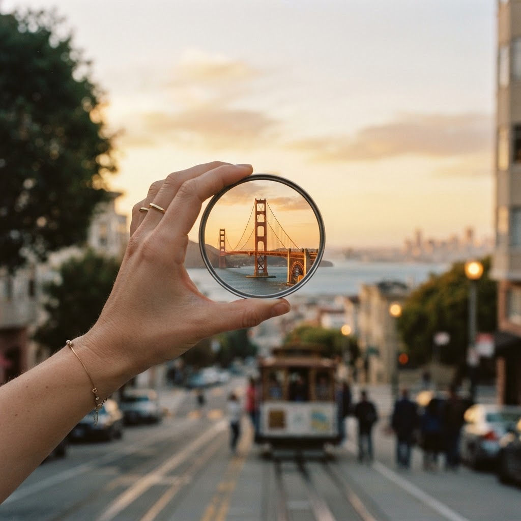 A hand holding a circular lens up to a view of the Golden Gate Bridge