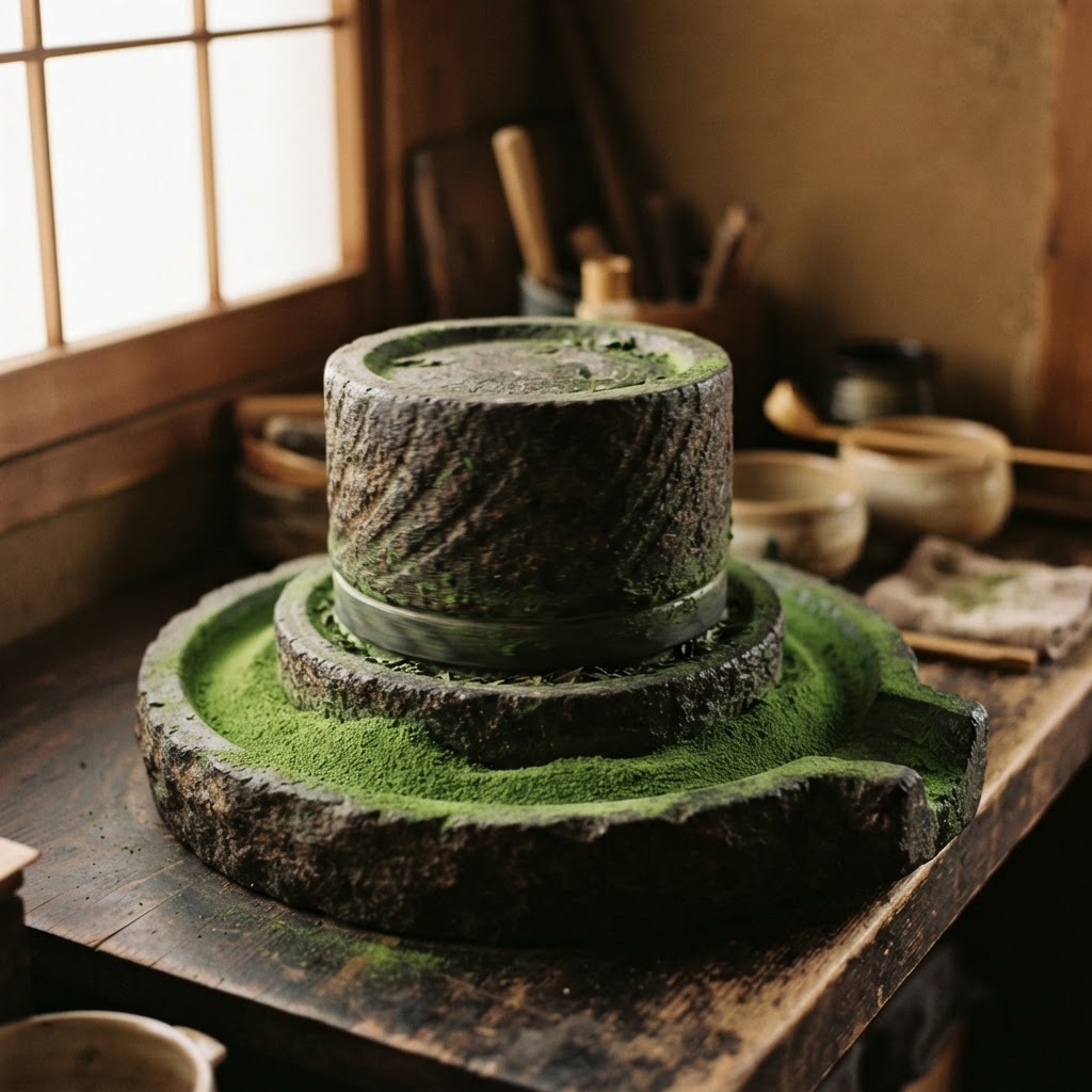 A stone mill slowly grinding fresh matcha at Constance Tea & Matcha.