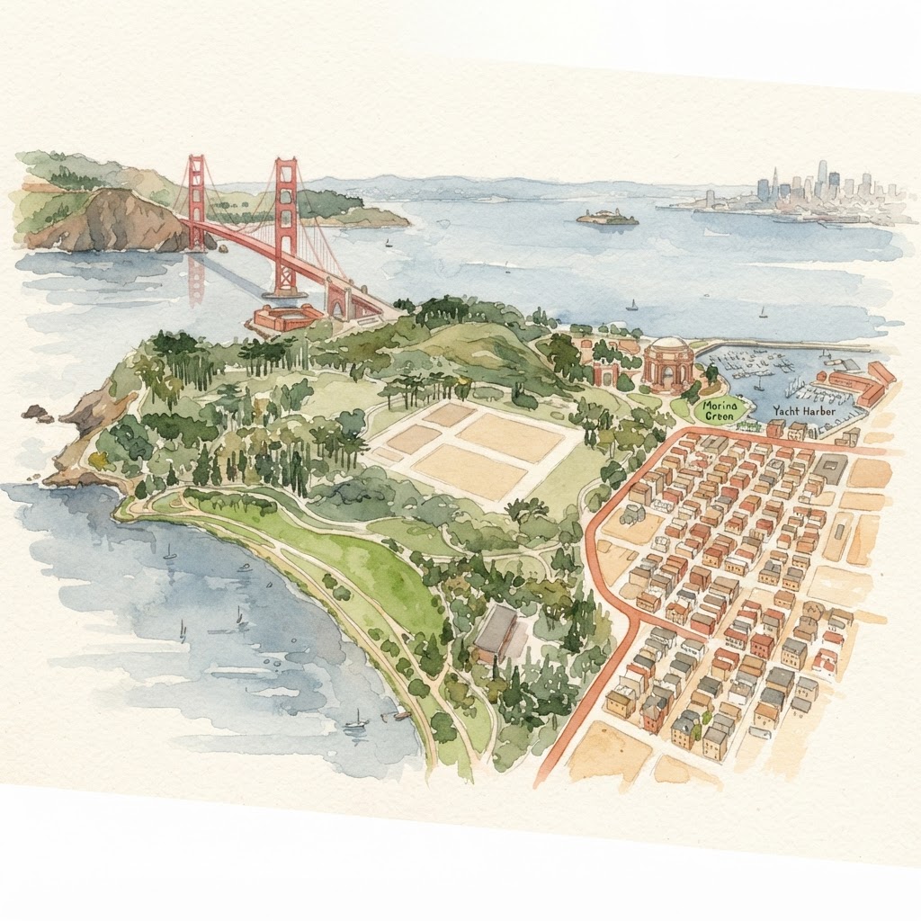 Watercolor map of the Presidio and the Marina