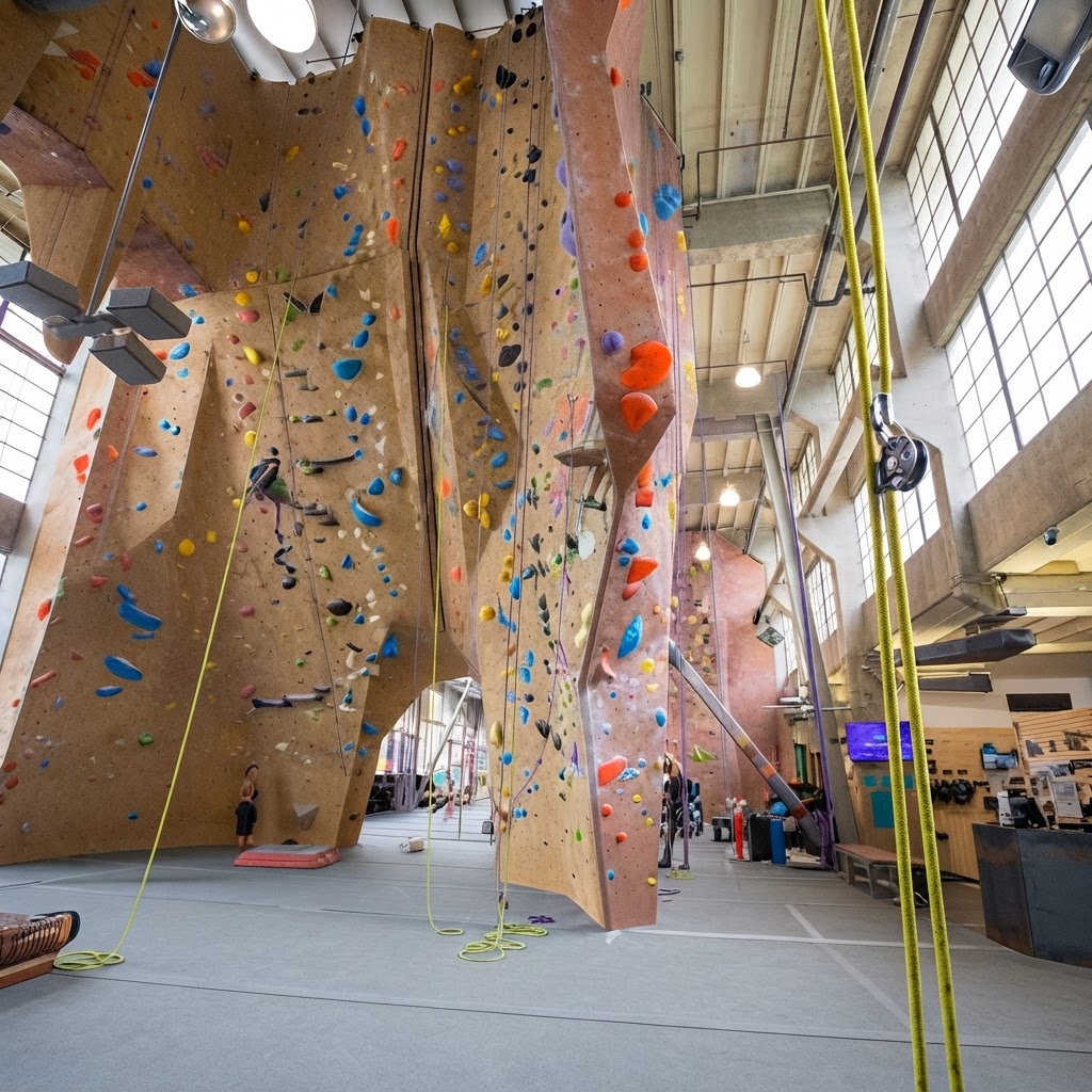 Interior of the Movement climbing gym at Crissy Field — tall walls, warm light