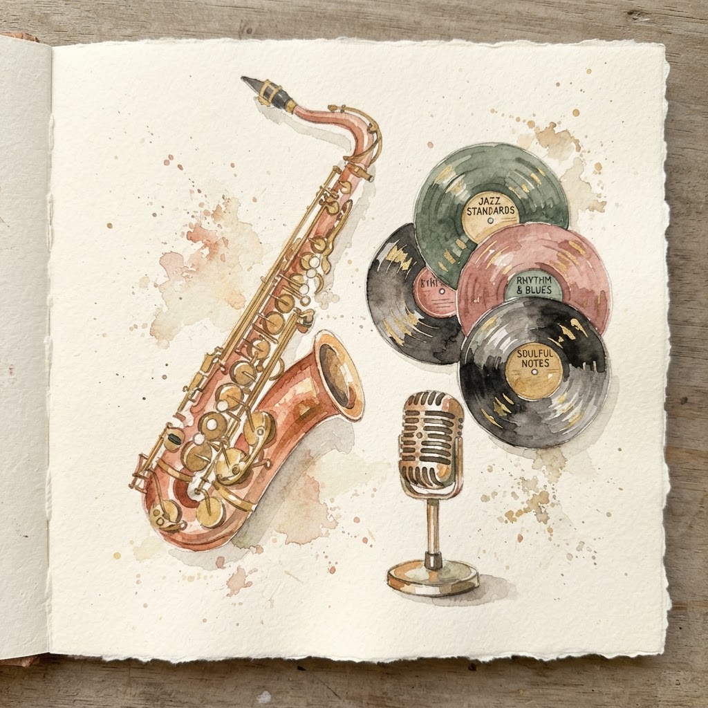 Watercolor illustration of musical instruments