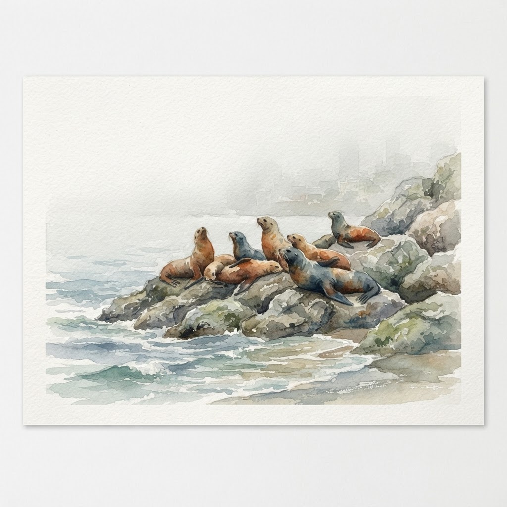 Hand-painted watercolor of sea lions resting on rocks at a quiet San Francisco beach