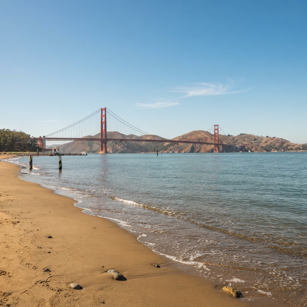 Crissy Field at golden hour with the Golden Gate Bridge in the distance