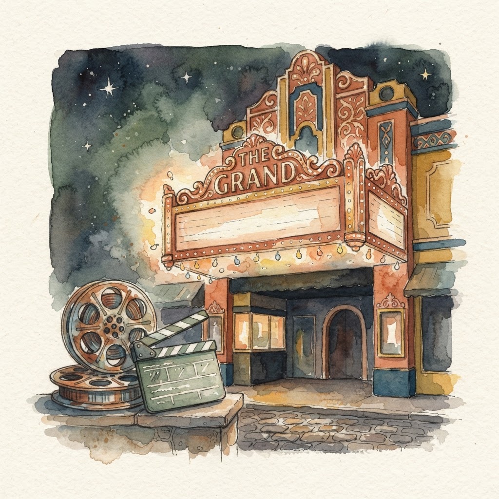 Watercolor illustration of a vintage cinema