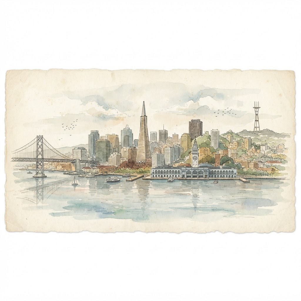 Watercolor illustration of the San Francisco skyline