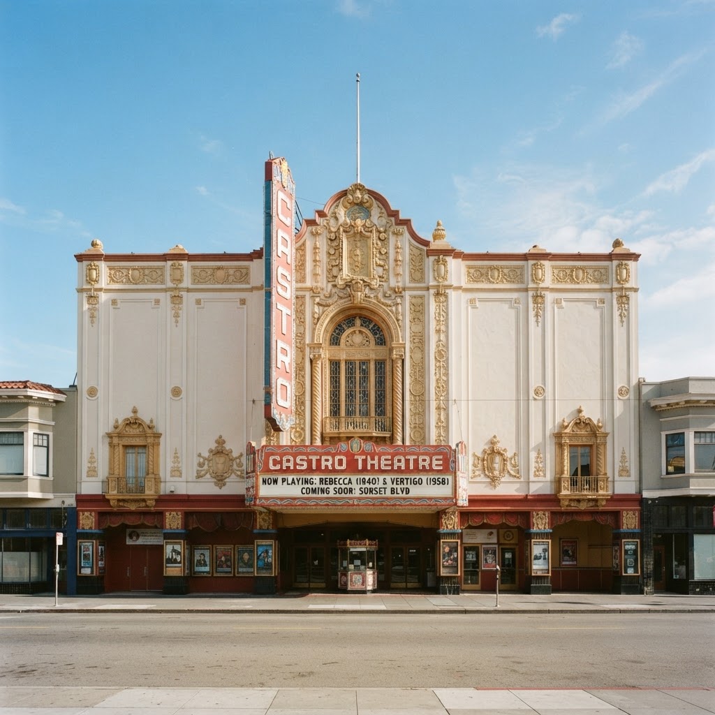 The Castro Theatre marquee glowing at dusk in San Francisco