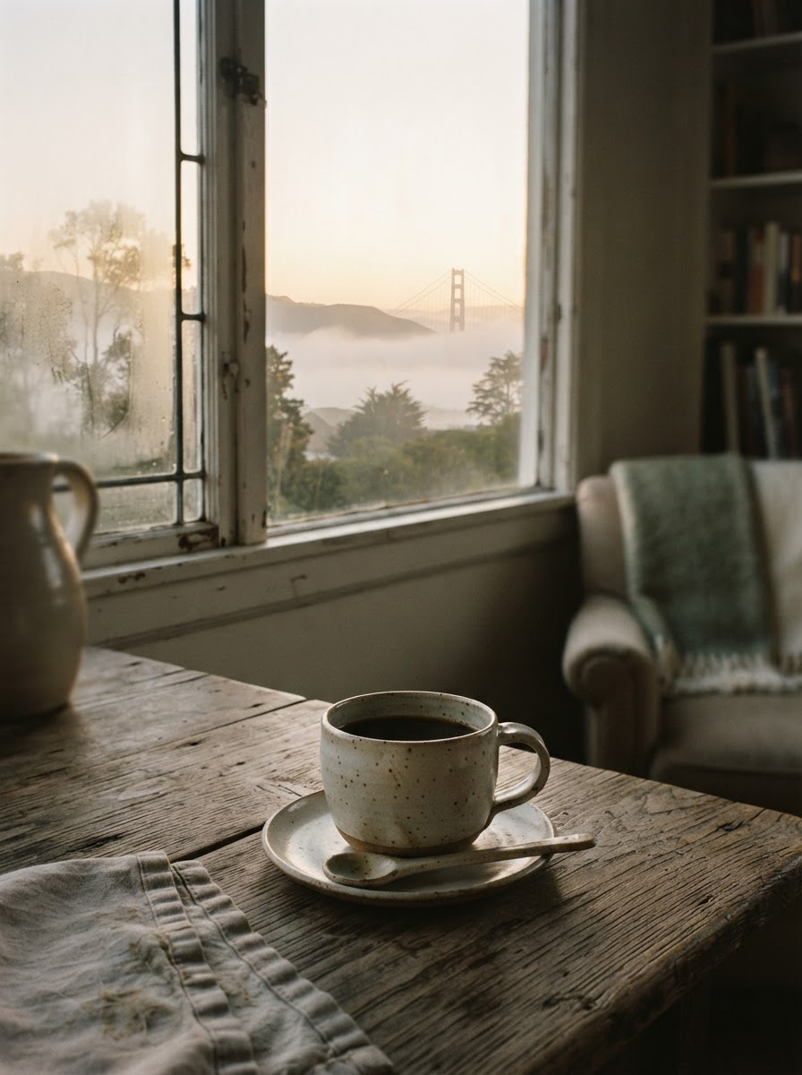 A quiet morning in San Francisco — ceramic cup, fog over the Presidio