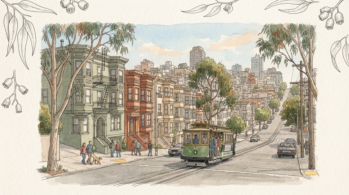 Watercolor map of San Francisco neighborhoods