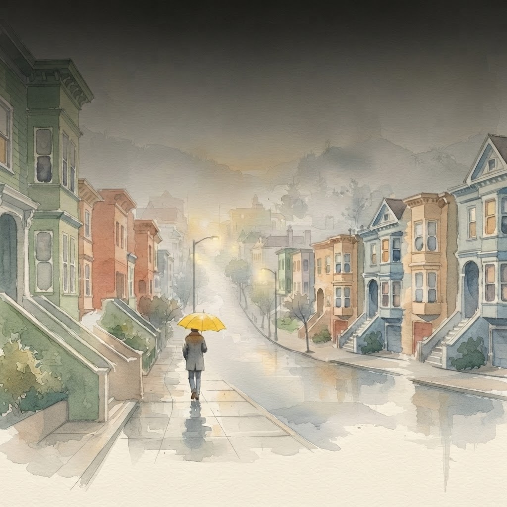 A figure with a yellow umbrella walking through misty San Francisco