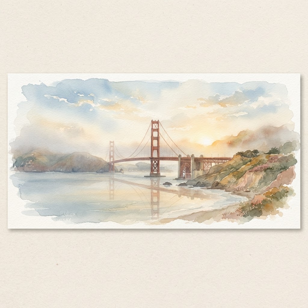 Watercolor of the Golden Gate Bridge in early October morning light