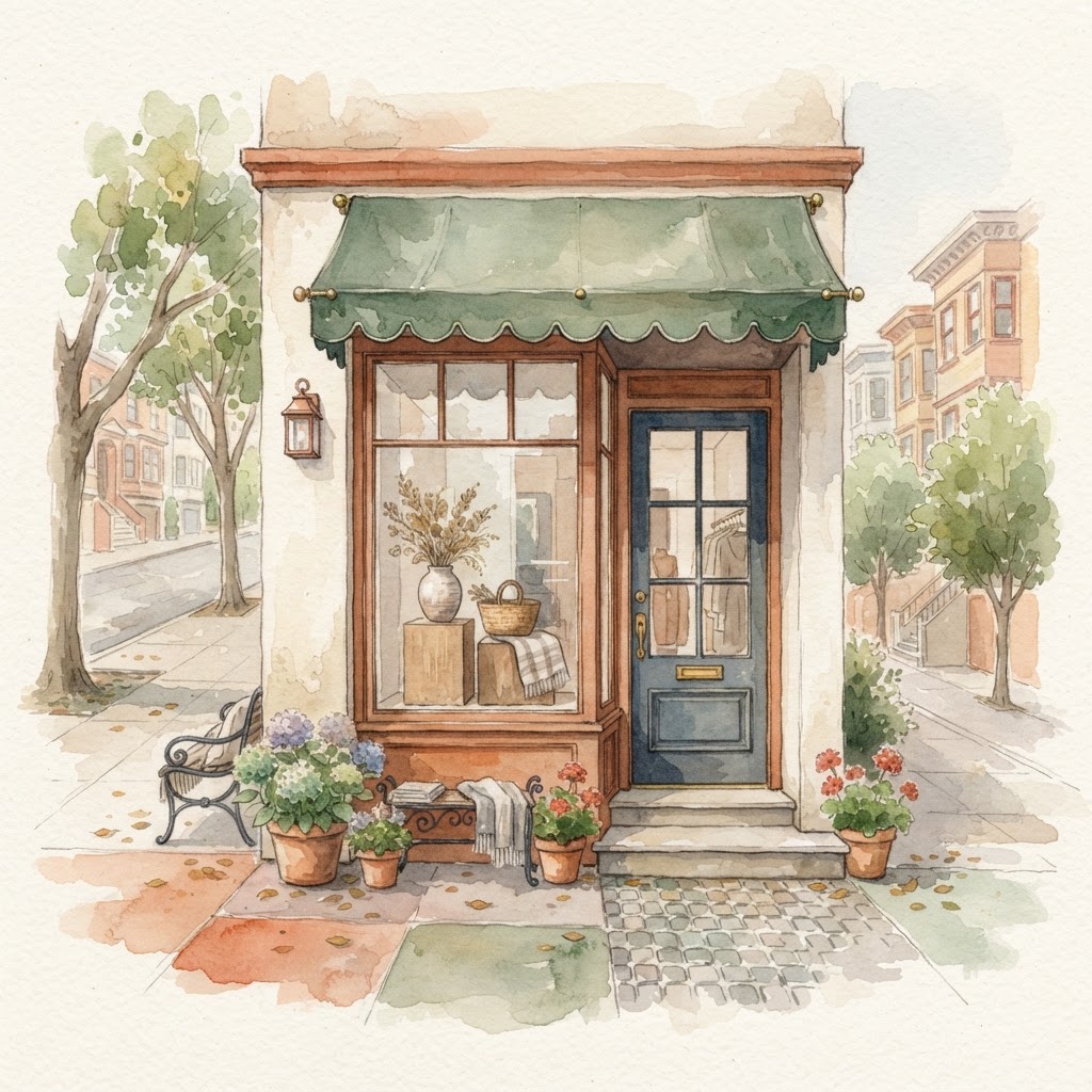 Watercolor illustration of a Sacramento Street boutique storefront