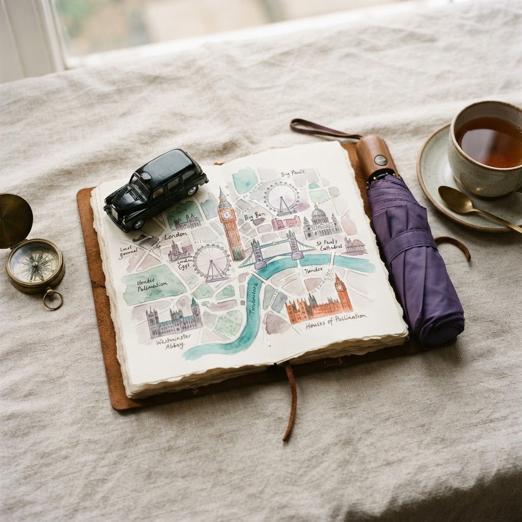 Sober in London — coming soon: a watercolor map of London with a black cab and purple umbrella