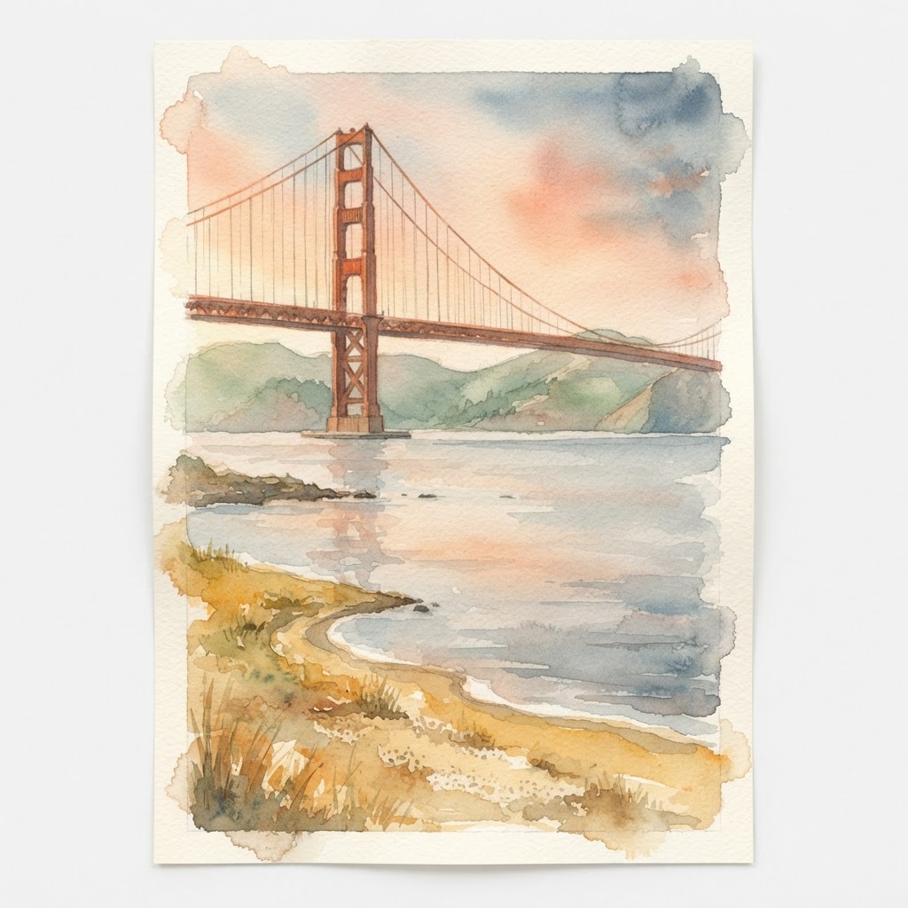 Watercolor of the Golden Gate Bridge at dawn